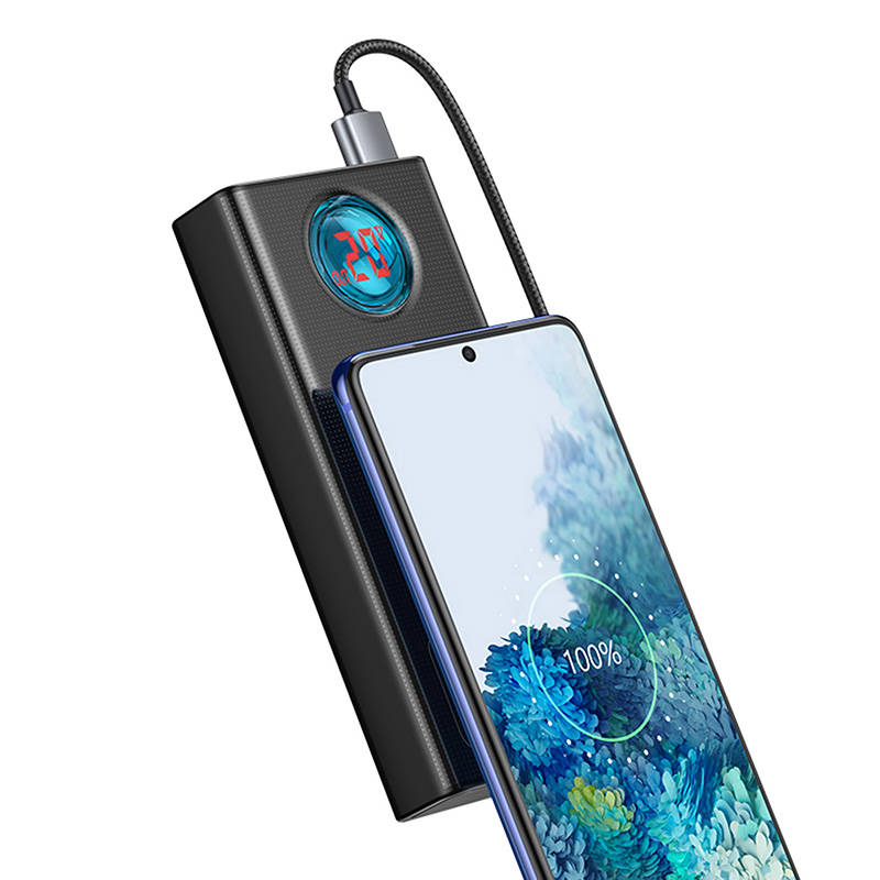 Bateria Externa Baseus Amblight Digital Display, 30000mAh, 65W, QC + PD, 1 x USB-C - 4 x USB-A, Preta PPLG000101