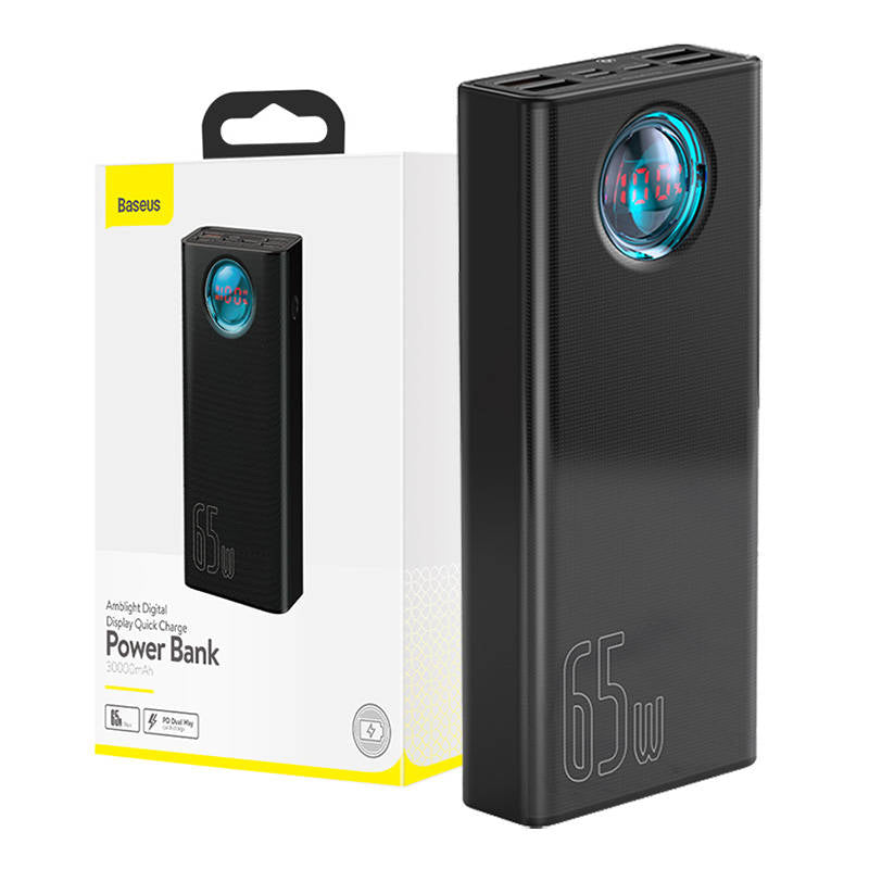 Bateria Externa Baseus Amblight Digital Display, 30000mAh, 65W, QC + PD, 1 x USB-C - 4 x USB-A, Preta PPLG000101