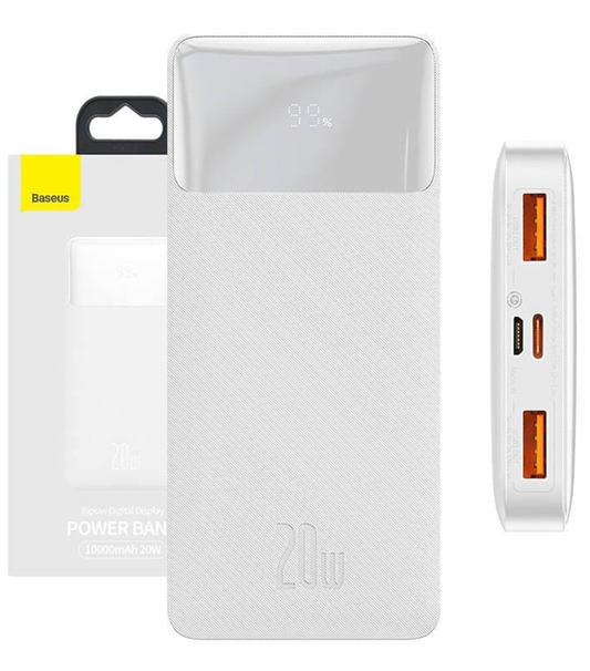 Bateria Externa Baseus Bipow, 10000mAh, 20W, QC + PD, 1 x USB-C - 2 x USB-A, Branca PPBD050502