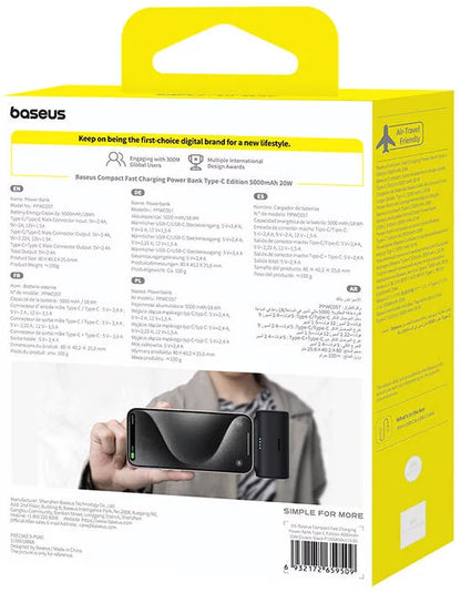 Bateria Externa Baseus Compact, 5000mAh, 20W, PD, 2 x USB-C, Preta P10068306113-00