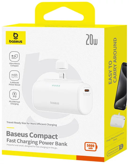 Bateria Externa Baseus Compact, 5000mAh, 20W, PD, 1 x Lightning - 1 x USB-C, Branca P10068307213-00