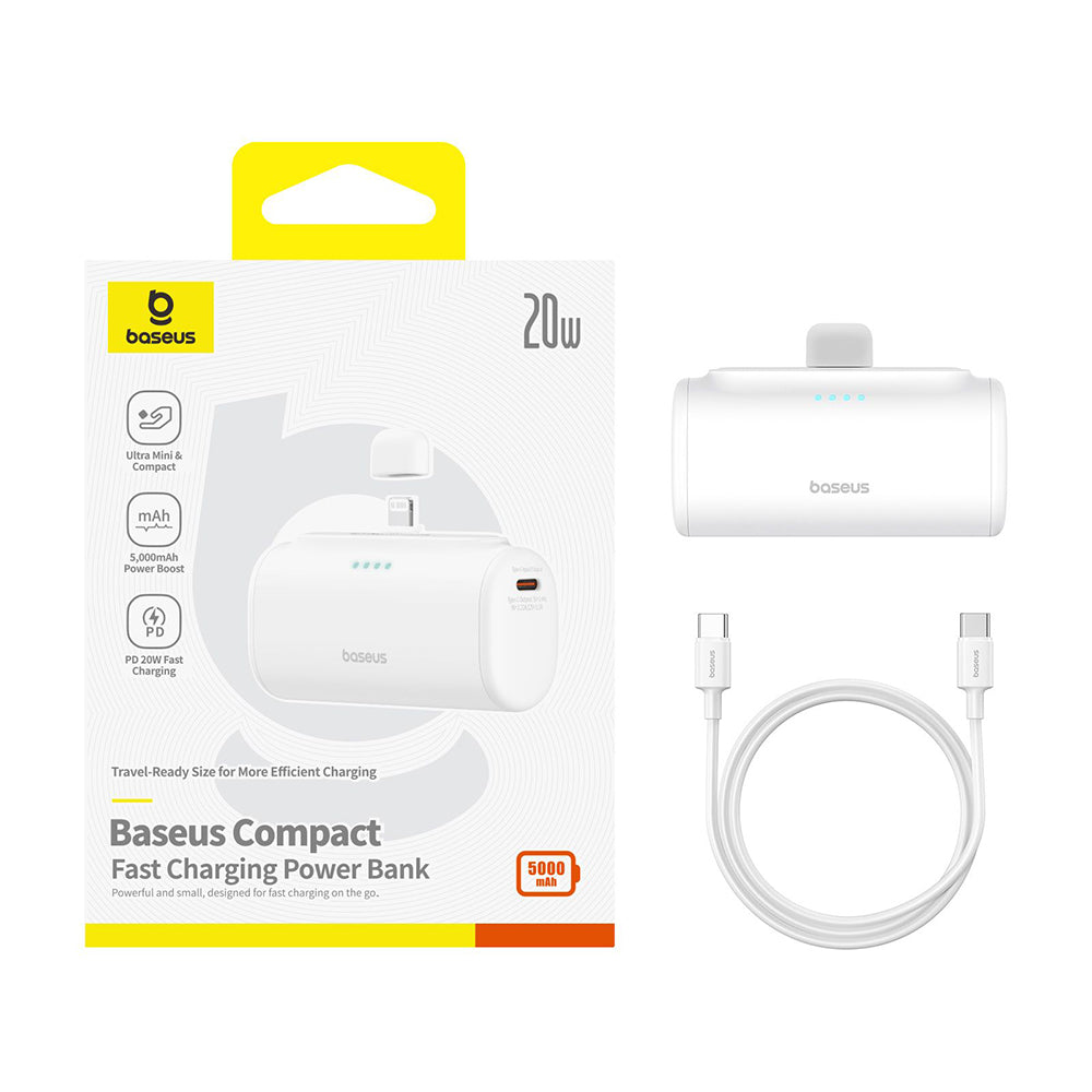 Bateria Externa Baseus Compact, 5000mAh, 20W, PD, 1 x Lightning - 1 x USB-C, Branca P10068307213-00