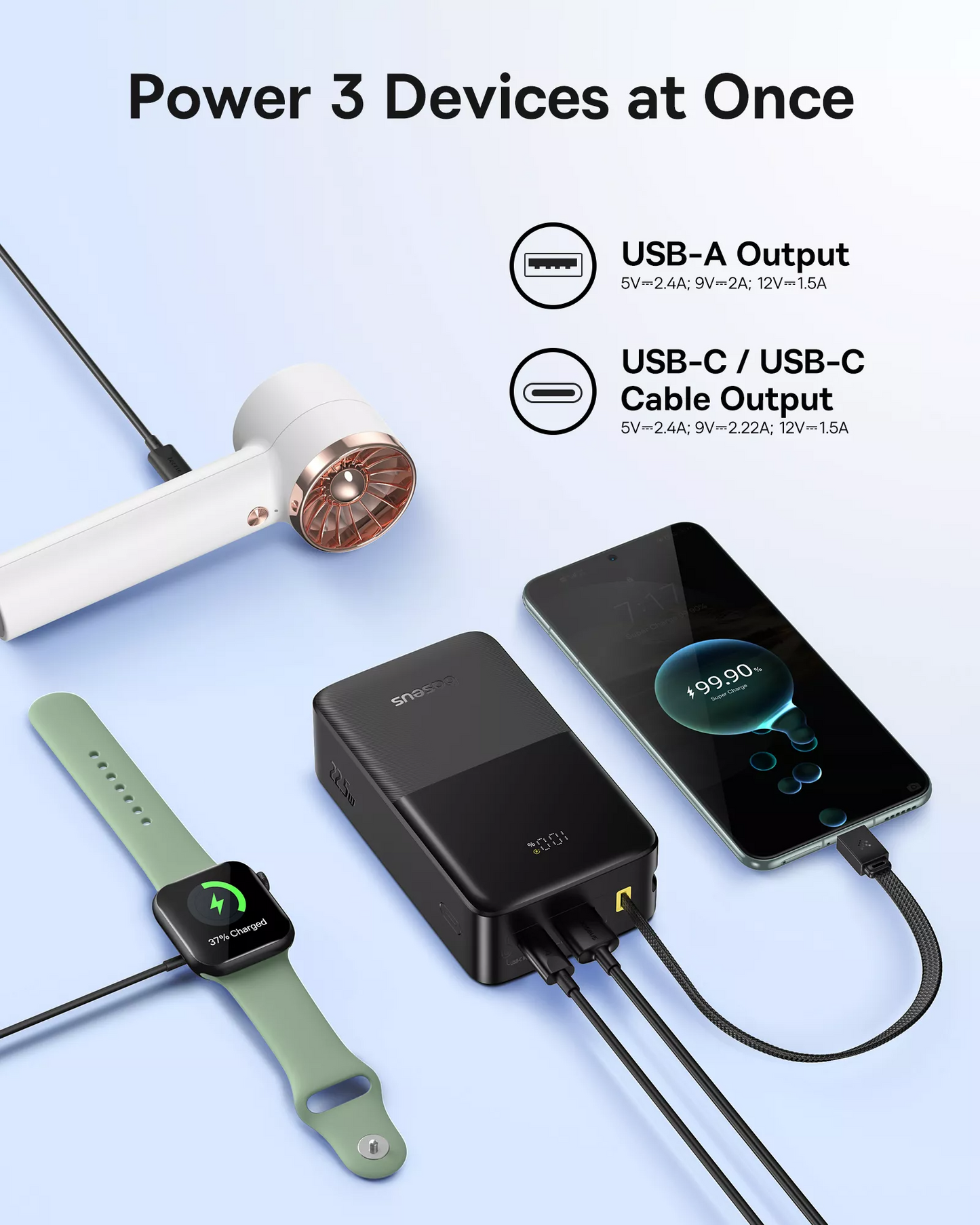 Bateria Externa Baseus EnerFill Bipow2 Pro, 30000mAh, 22.5W, QC + PD, 1 x USB-A - 2 x USB-C, Preta E0028100