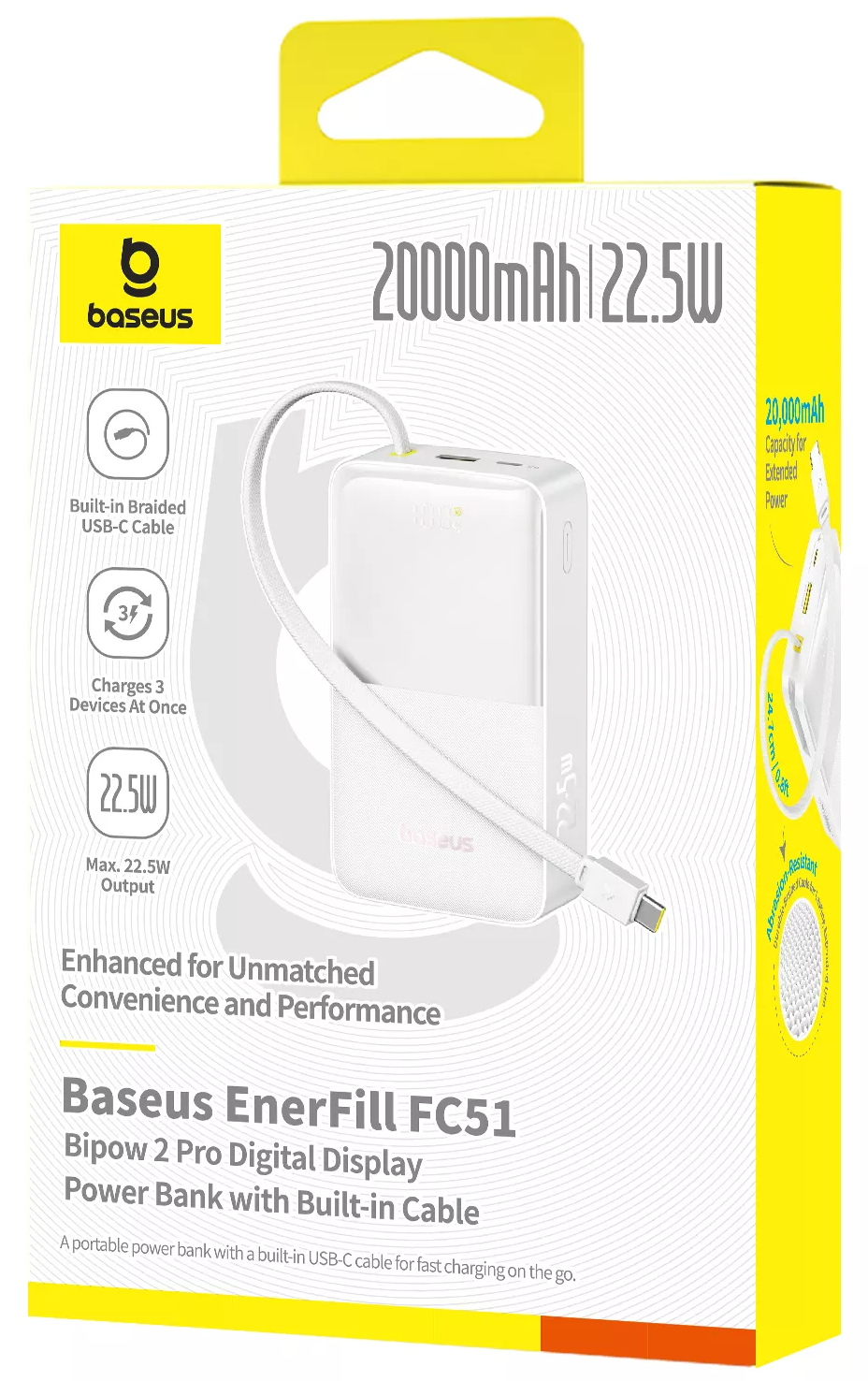 Bateria Externa Baseus EnerFill Bipow2 Pro, 20000mAh, 22.5W, QC + PD, 1 x USB-A - 2 x USB-C, Branca E0027700