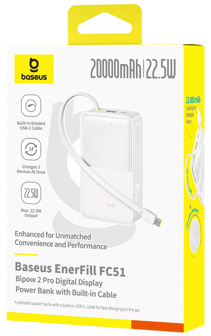 Bateria Externa Baseus EnerFill Bipow2 Pro, 20000mAh, 22.5W, QC + PD, 1 x USB-A - 2 x USB-C, Branca E0027700