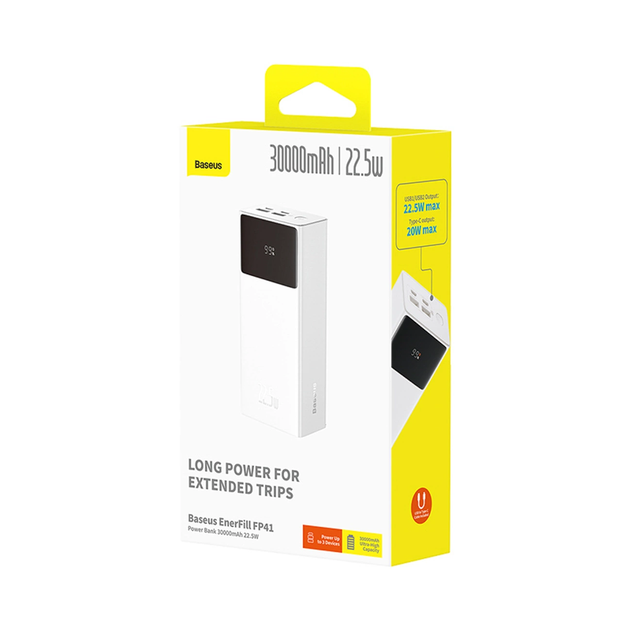 Bateria Externa Baseus EnerFill FP41, 30000mAh, 22.5W, QC + PD, 1 x USB-C - 2 x USB-A, Branca