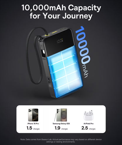 Bateria Externa Baseus EnerFill Bipow2 Pro, 10000mAh, 22.5W, QC + PD, 1 x USB-A - 2 x USB-C, Preta E0027600