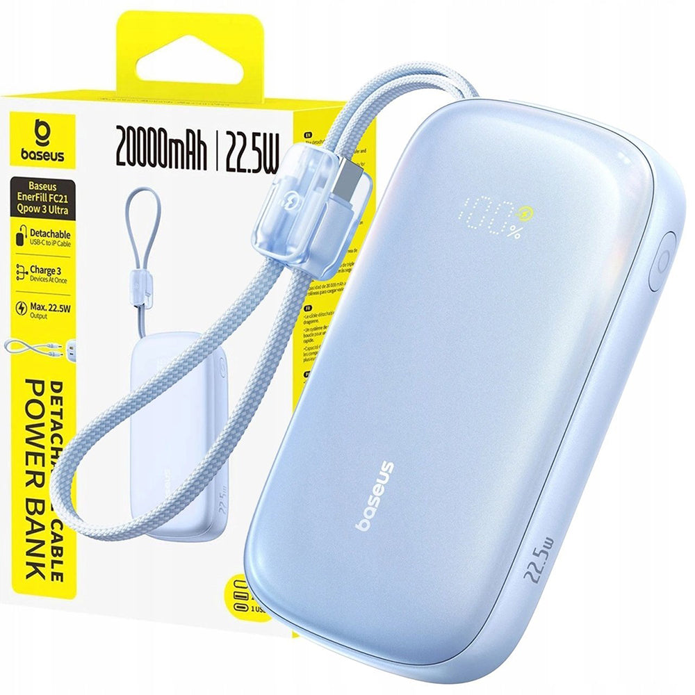 Bateria Externa Baseus EnerFill FC21 Qpow 3 Ultra, 10000mAh, 22.5W, QC + PD, 1 x USB-A - 1 x USB-C, Azul E0027L03