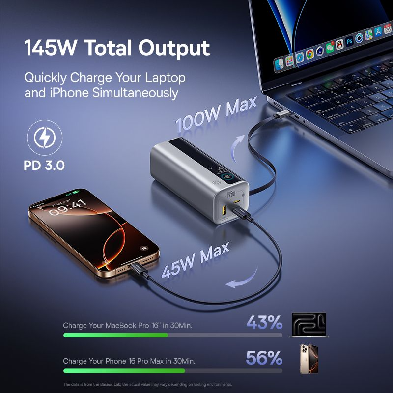 Bateria Externa Baseus EnerGeek GR11, 20000mAh, 145W, QC + PD, 1 x USB-A - 3 x USB-C, Prateado E0027B02