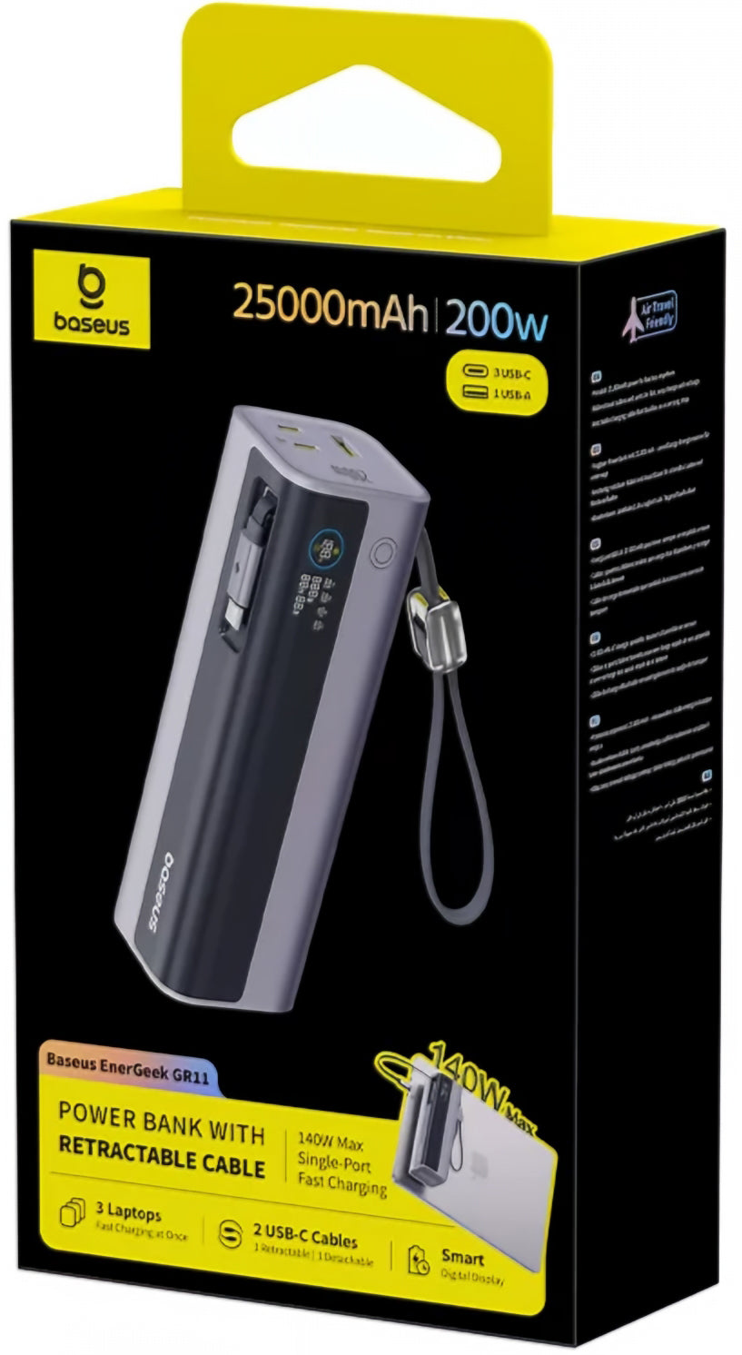 Bateria Externa Baseus EnerGeek GR11, 25000mAh, 200W, QC + PD, 1 x USB-A - 3 x USB-C, Cinzento E0028Q00