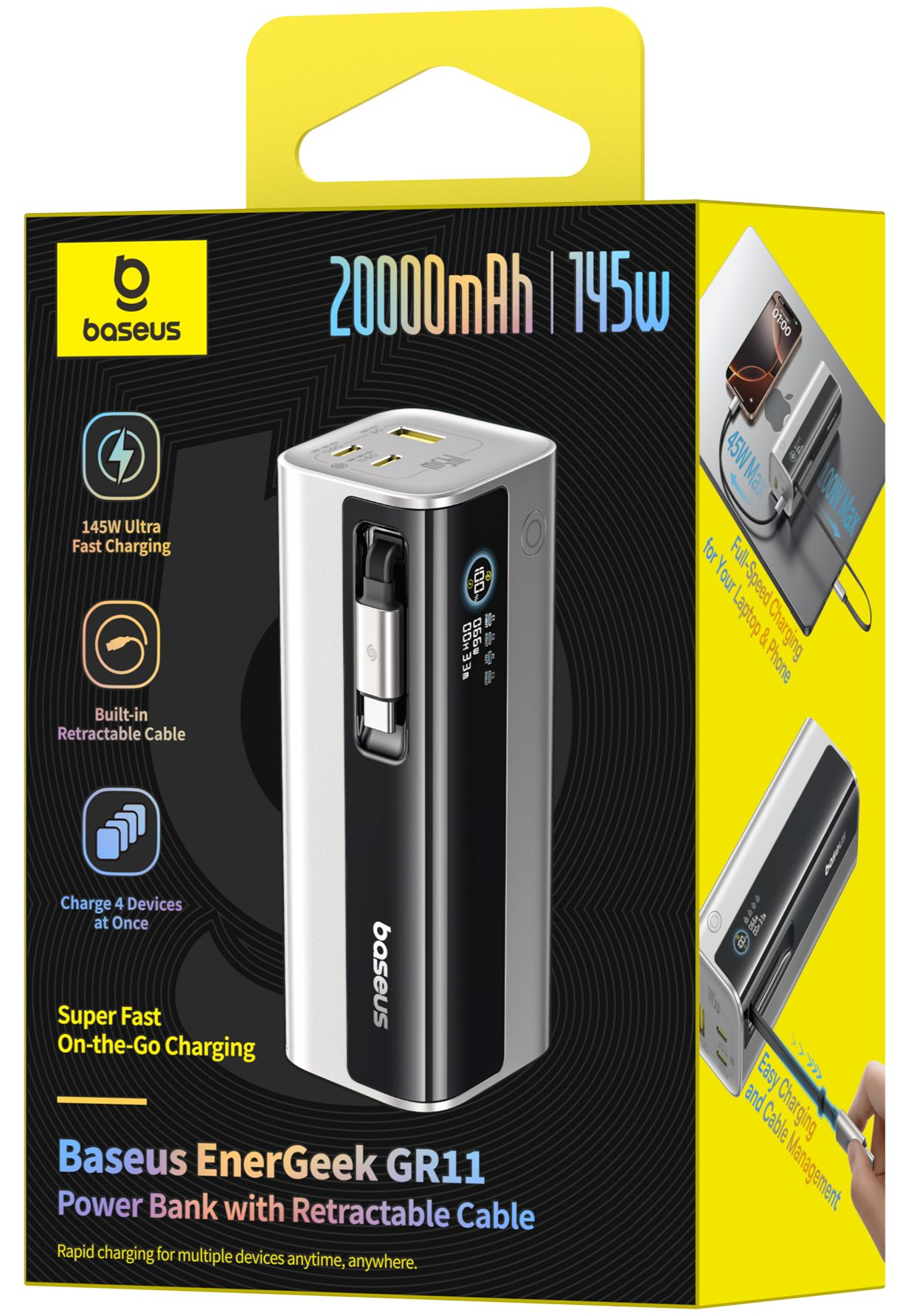 Bateria Externa Baseus EnerGeek GR11, 20000mAh, 145W, QC + PD, 1 x USB-A - 3 x USB-C, Prateado E0027B02