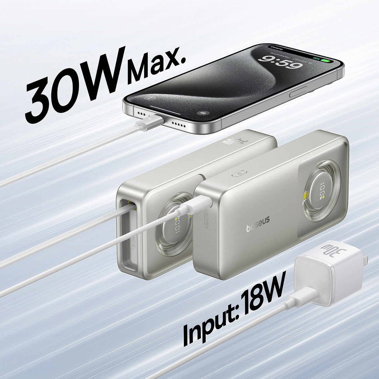 Bateria Externa Baseus OS Free2Pull, 10000mAh, 30W, PD, 2 x USB-C, Cinzento P10073701843-00