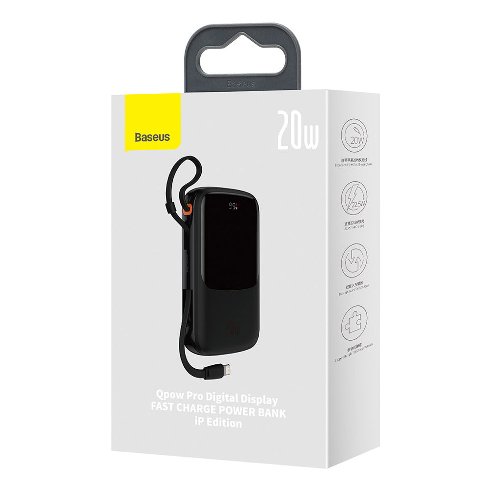 Bateria Externa Baseus Qpow Pro, 20000mAh, 20W, QC + PD, 1 x Lightning - 1 x USB-A - 1 x USB-C, Preta PPQD040001