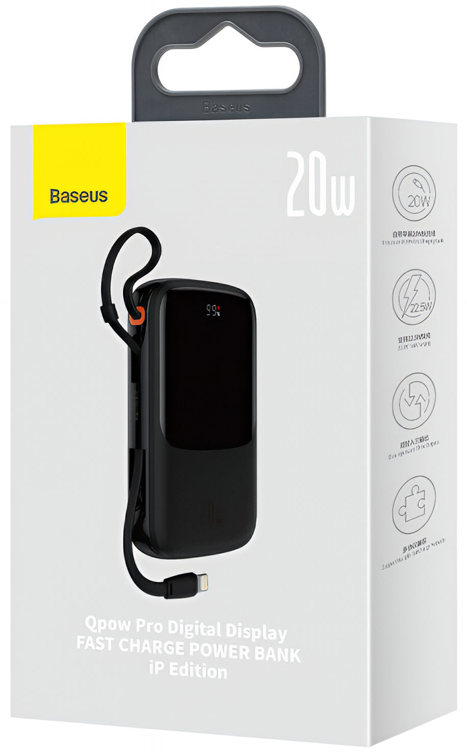 Bateria Externa Baseus Qpow Pro, 20000mAh, 20W, QC + PD, 1 x Lightning - 1 x USB-A - 1 x USB-C, Preta PPQD060201