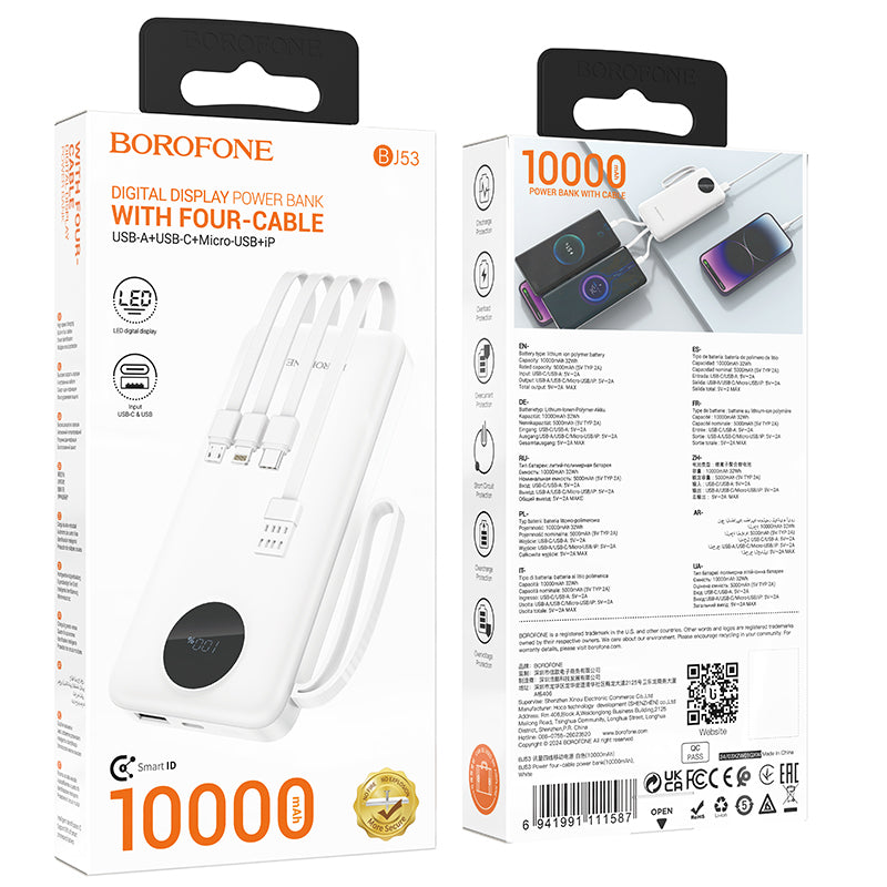 Bateria externa Borofone BJ53 Power, 10000mAh, 10W, 1 x Lightning - 1 x microUSB - 1 x USB-A - 1 x USB-C, Branco