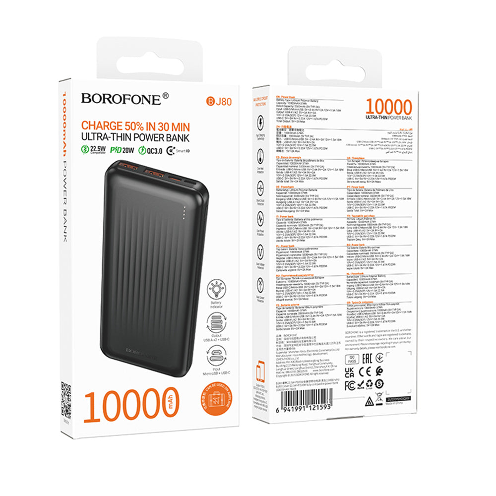 Bateria Externa Borofone BJ80A Clever, 10000mAh, 22.5W, QC + PD, 1 x USB-C - 2 x USB-A, Preta