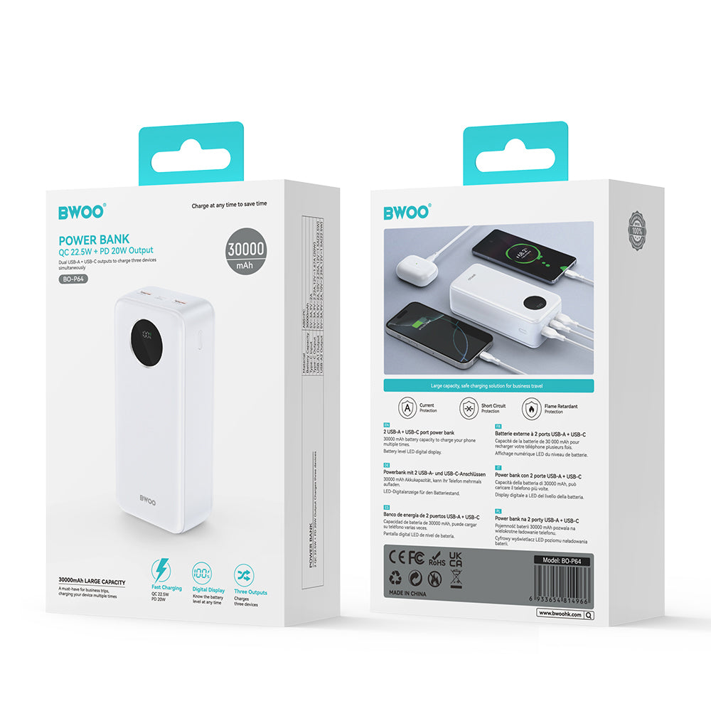Bateria Externa BWOO BO-P64, 30000mAh, 22.5W, QC + PD, 1 x USB-C - 2 x USB-A, Branca