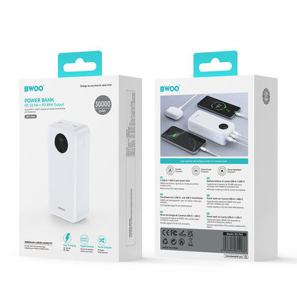 Bateria Externa BWOO BO-P64, 30000mAh, 22.5W, QC + PD, 1 x USB-C - 2 x USB-A, Branca