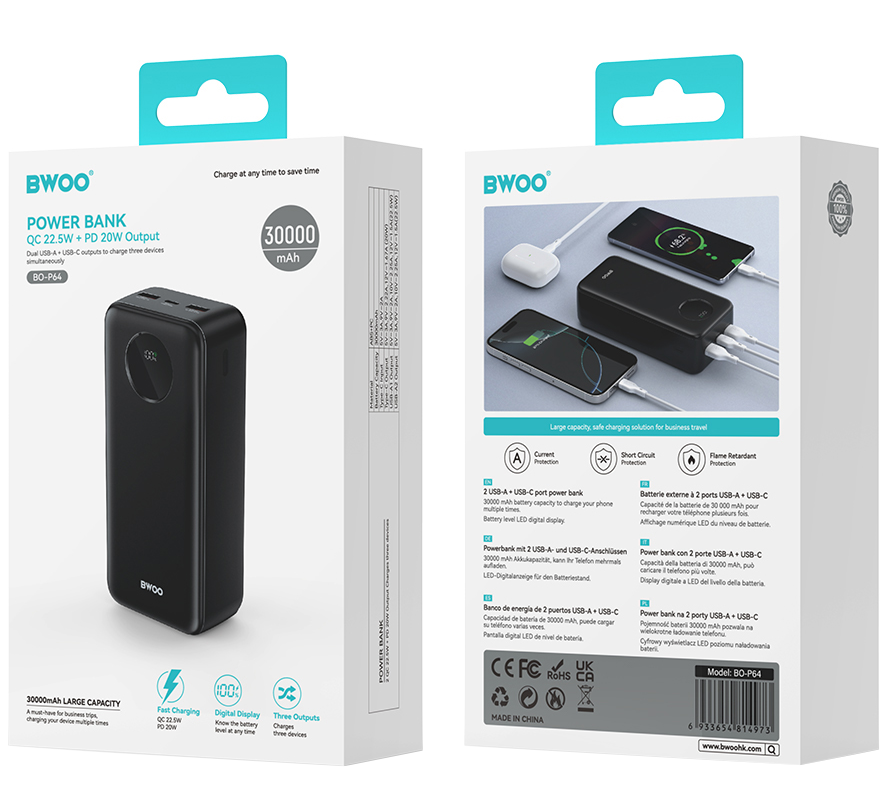 Bateria Externa BWOO BO-P64, 30000mAh, 22.5W, QC + PD, 1 x USB-C - 2 x USB-A, Preta