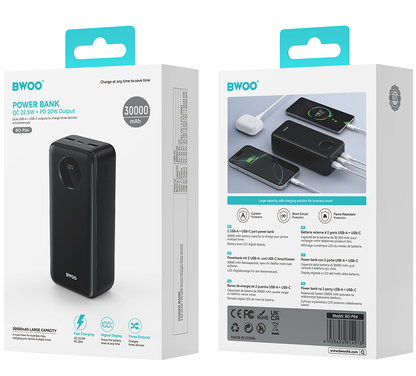 Bateria Externa BWOO BO-P64, 30000mAh, 22.5W, QC + PD, 1 x USB-C - 2 x USB-A, Preta