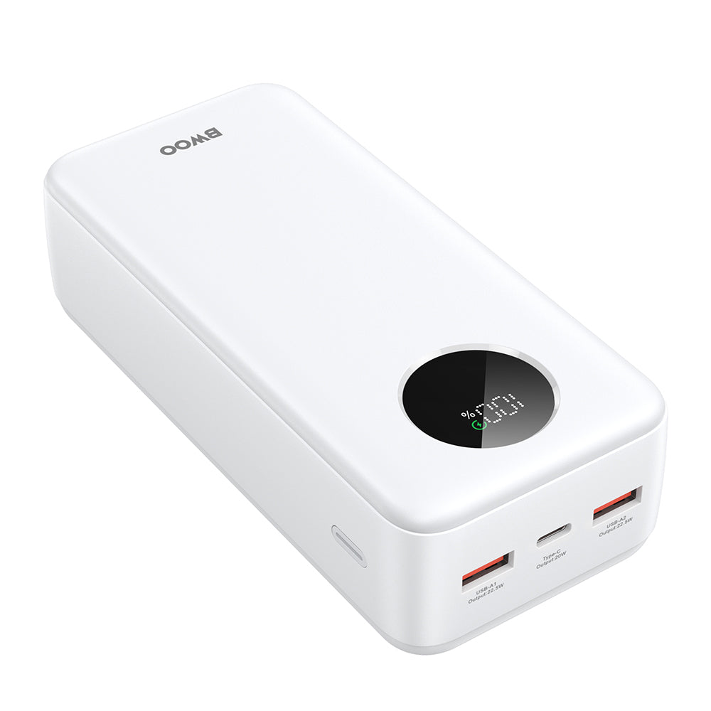 Bateria Externa BWOO BO-P64, 30000mAh, 22.5W, QC + PD, 1 x USB-C - 2 x USB-A, Branca