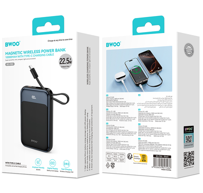 Bateria Externa Wireless BWOO BO-P80, 10000mAh, 22.5W, PD + FQI, 1 x QI - 2 x USB-C, Preta
