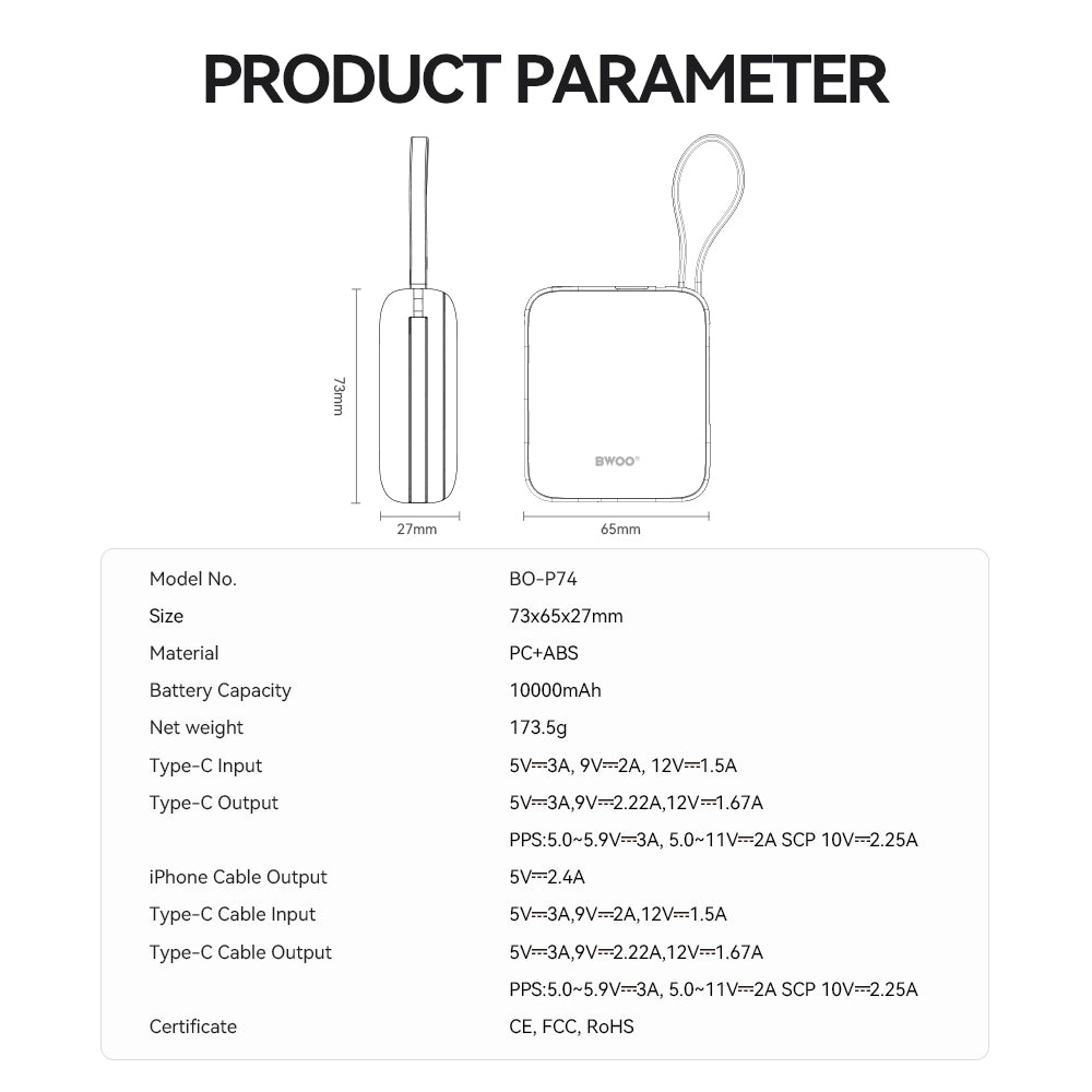 External Battery BWOO BO-P74, 10000mAh, 22.5W, PD, 1 x Lightning - 2 x USB-C, Black
