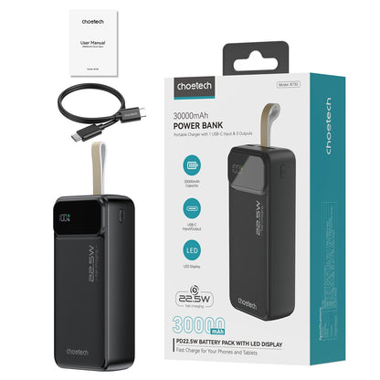 Bateria externa Choetech B730, 30000mAh, 22,5W, QC + PD, 1 x USB-C - 2 x USB-A, preto 