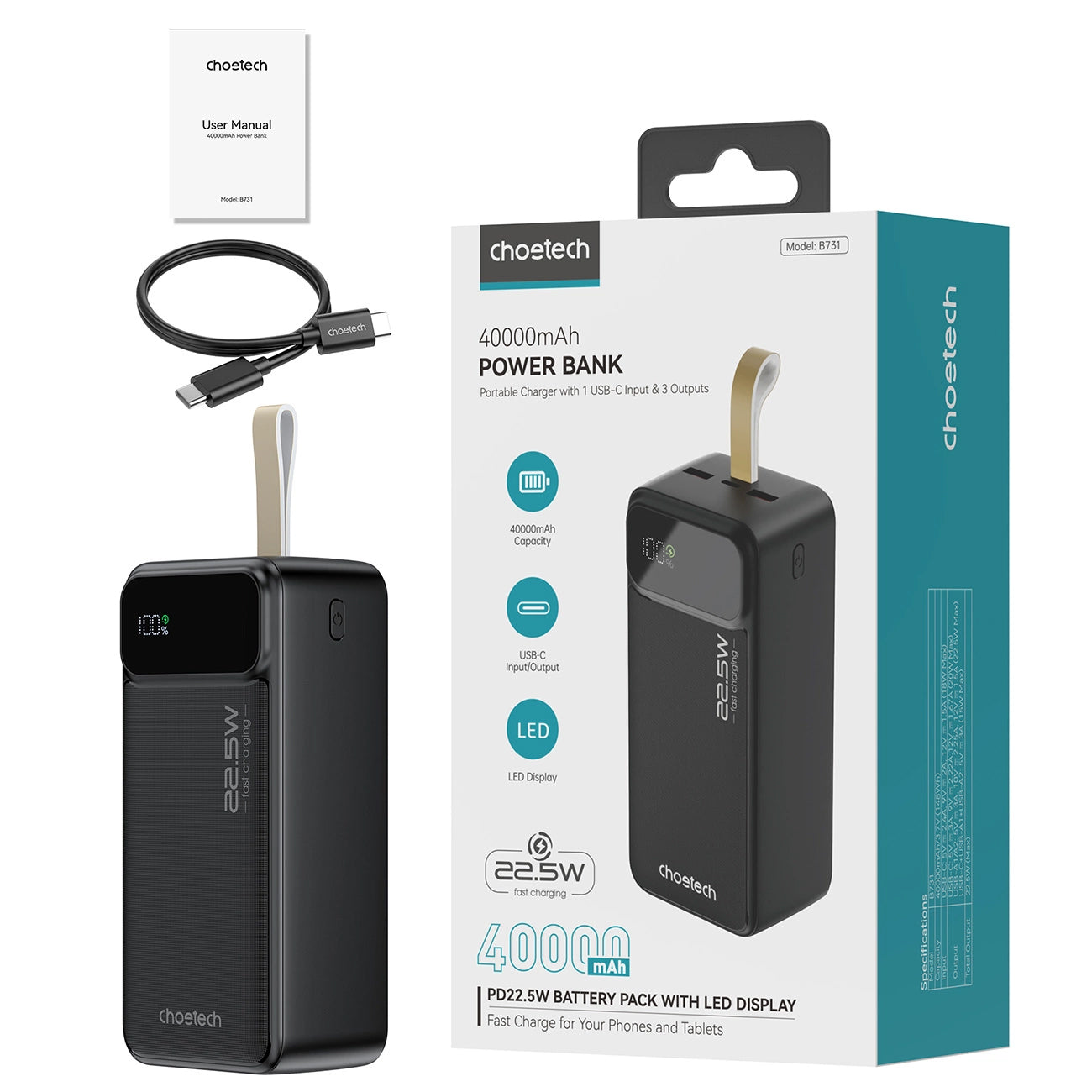 Bateria externa Choetech B731, 40000mAh, 22,5W, QC + PD, 1 x USB-C - 2 x USB-A, preto 