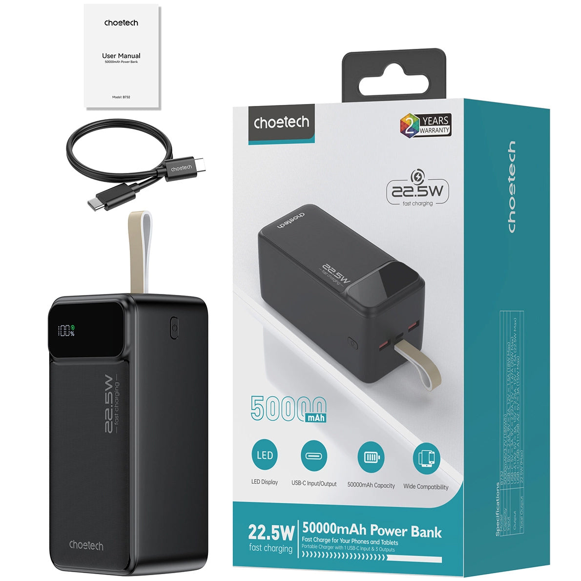 Bateria externa Choetech B732, 50000mAh, 22,5W, QC + PD, 1 x USB-C - 2 x USB-A, preto 