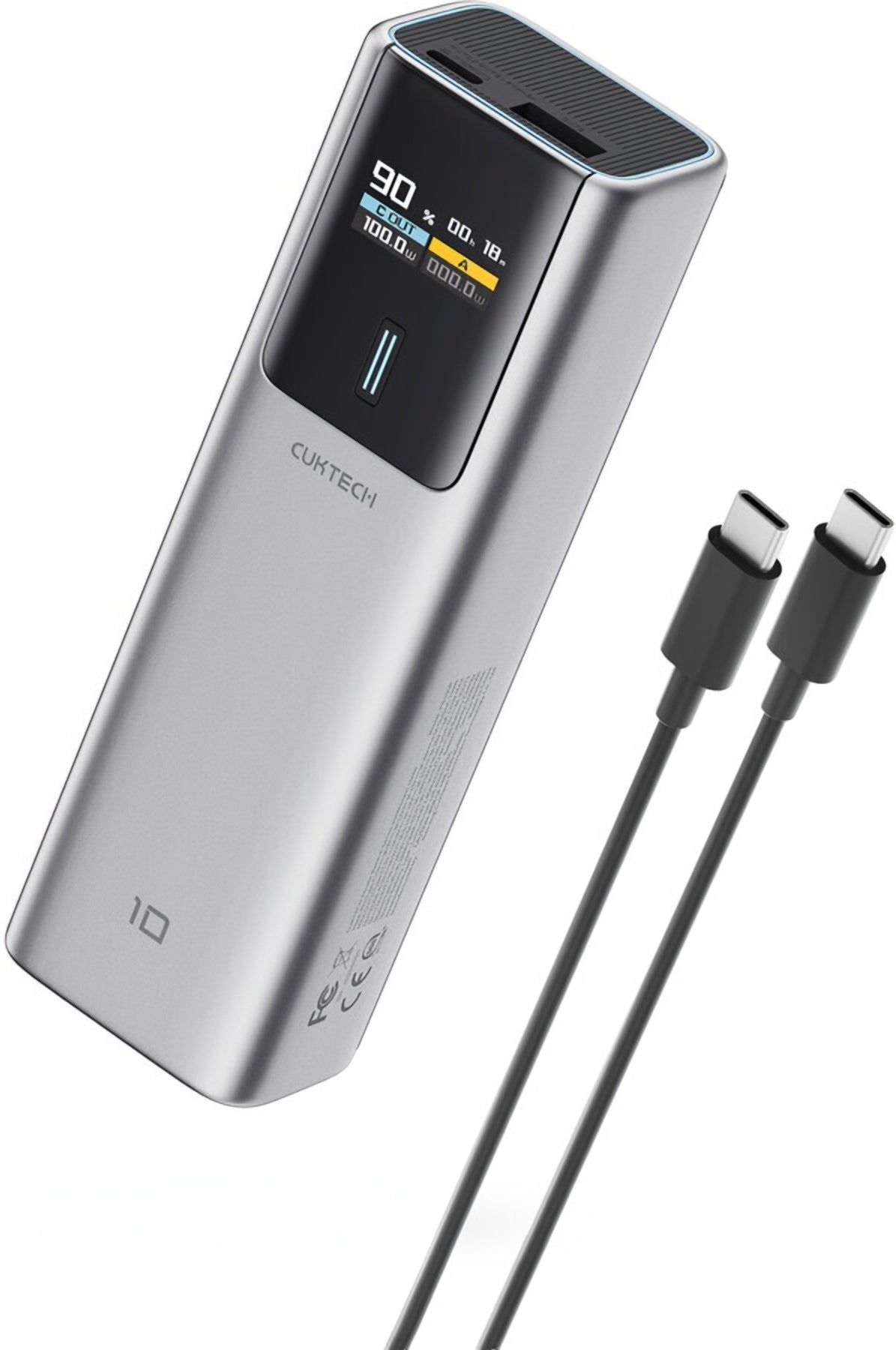 Bateria Externa Cuktech, 10000mAh, 150W, QC + PD, 1 x USB-A - 1 x USB-C, Cinza CKPB100PGLBK