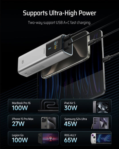 Bateria Externa Cuktech, 10000mAh, 150W, QC + PD, 1 x USB-A - 1 x USB-C, Cinza CKPB100PGLBK