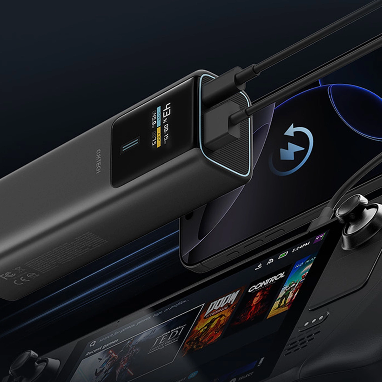 Bateria Externa Cuktech, 10000mAh, 150W, QC + PD, 1 x USB-A - 1 x USB-C, Preta CKPB100PGLBL