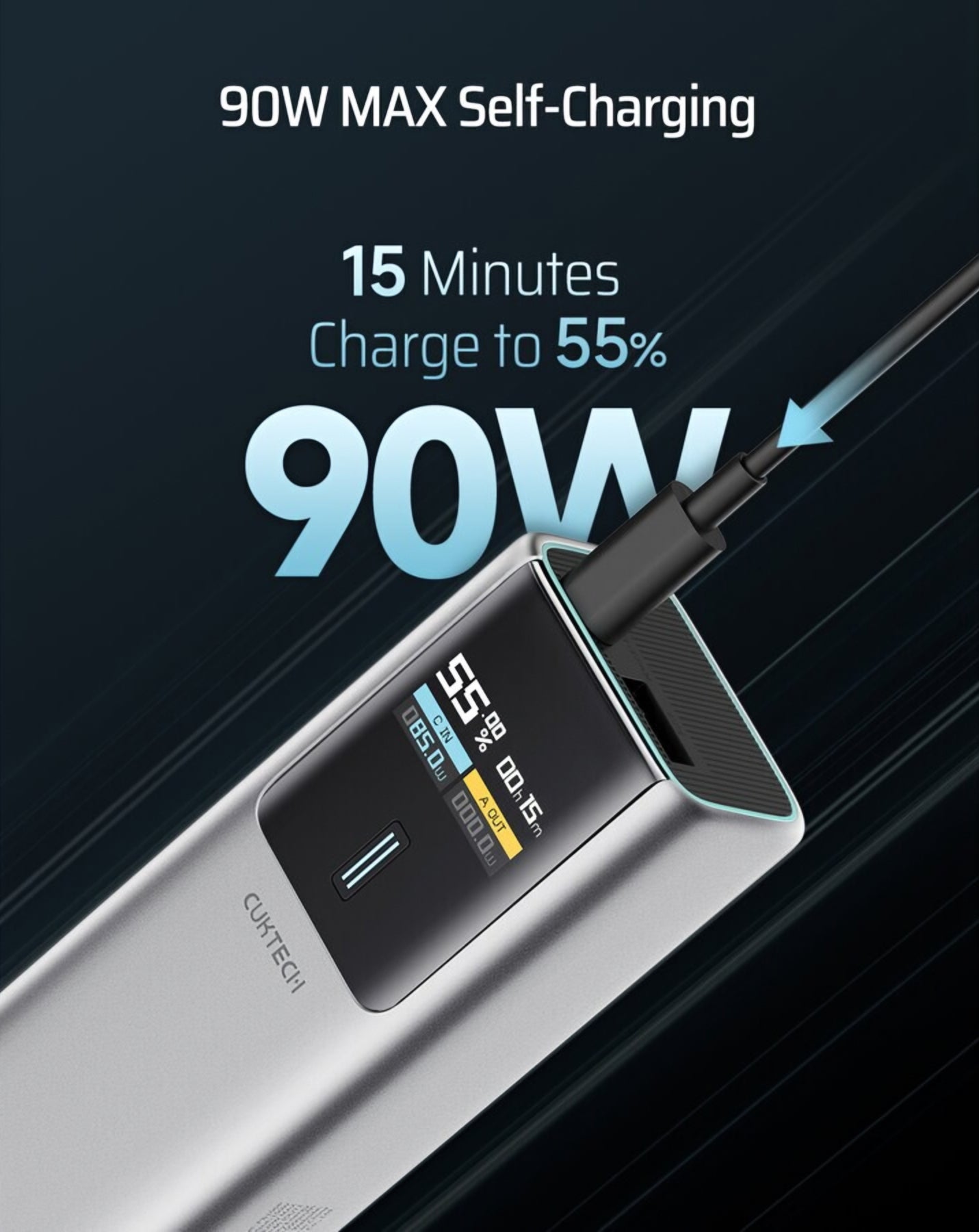 Bateria Externa Cuktech, 10000mAh, 150W, QC + PD, 1 x USB-A - 1 x USB-C, Cinza CKPB100PGLBK