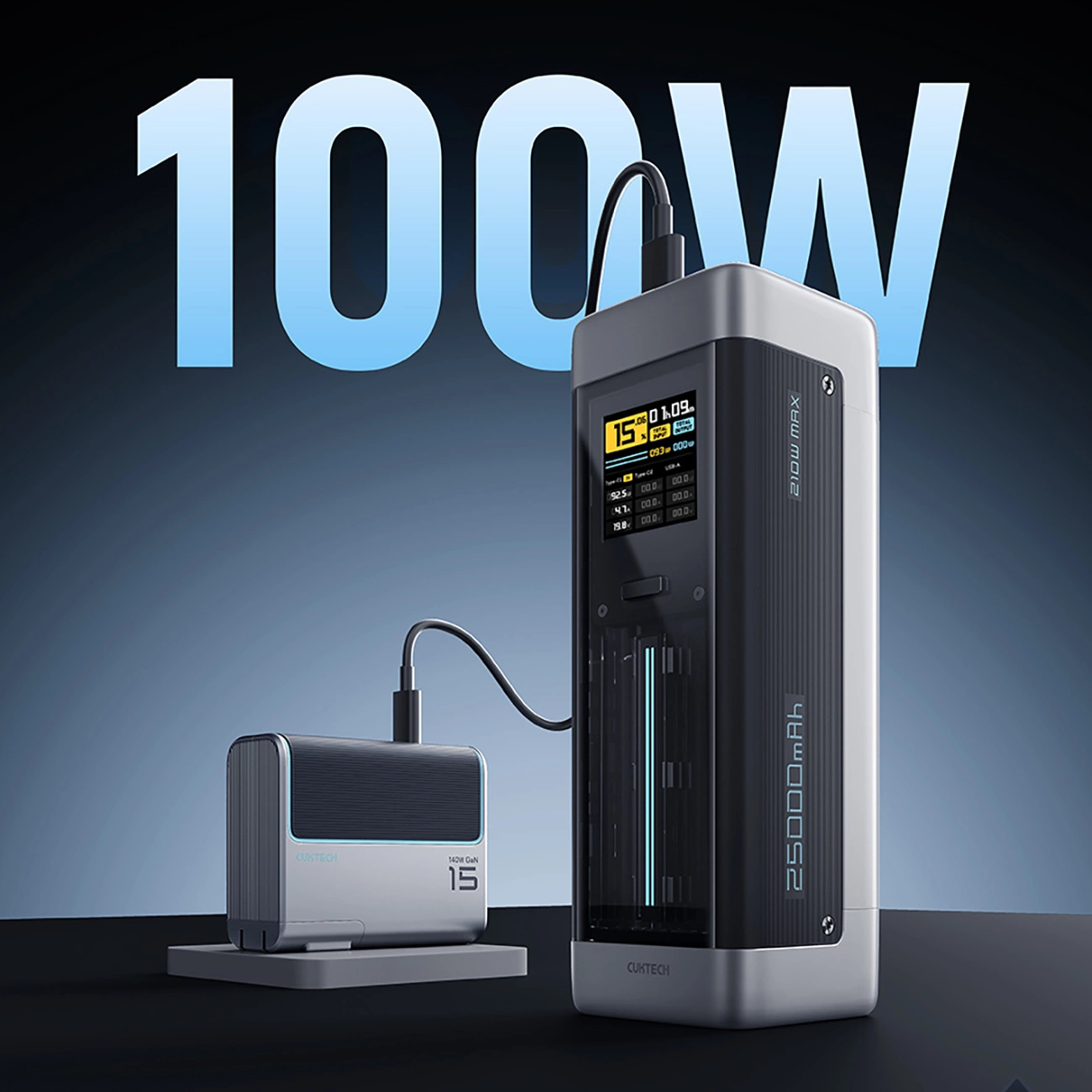 Bateria Externa Cuktech, 25000mAh, 210W, QC + PD, 1 x USB-A - 2 x USB-C, Preta CUK00P23GLBK