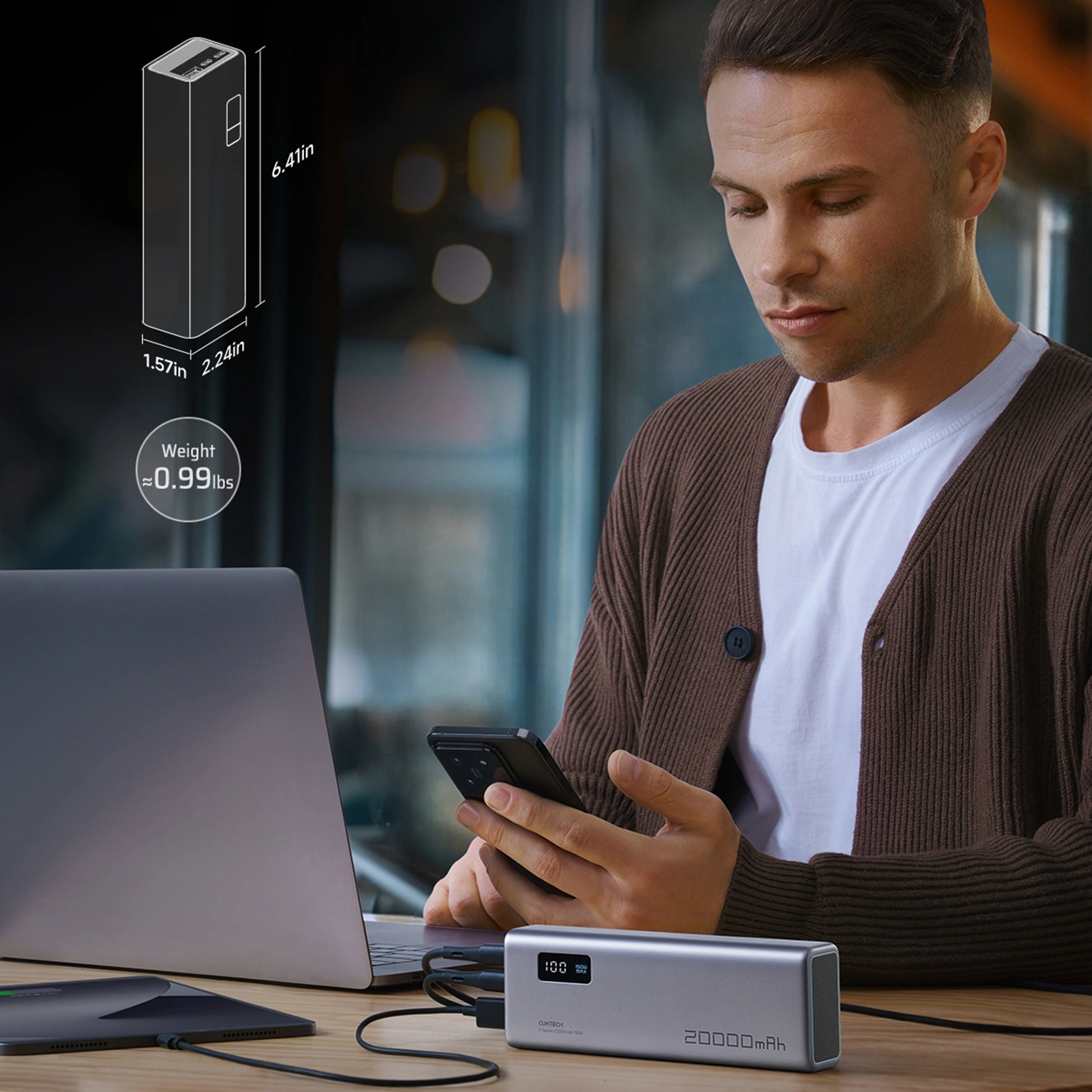 Bateria Externa Cuktech P+ No.15, 20000mAh, 150W, QC + PD, 1 x USB-A - 2 x USB-C, Cinzento CUKPB200GLBK