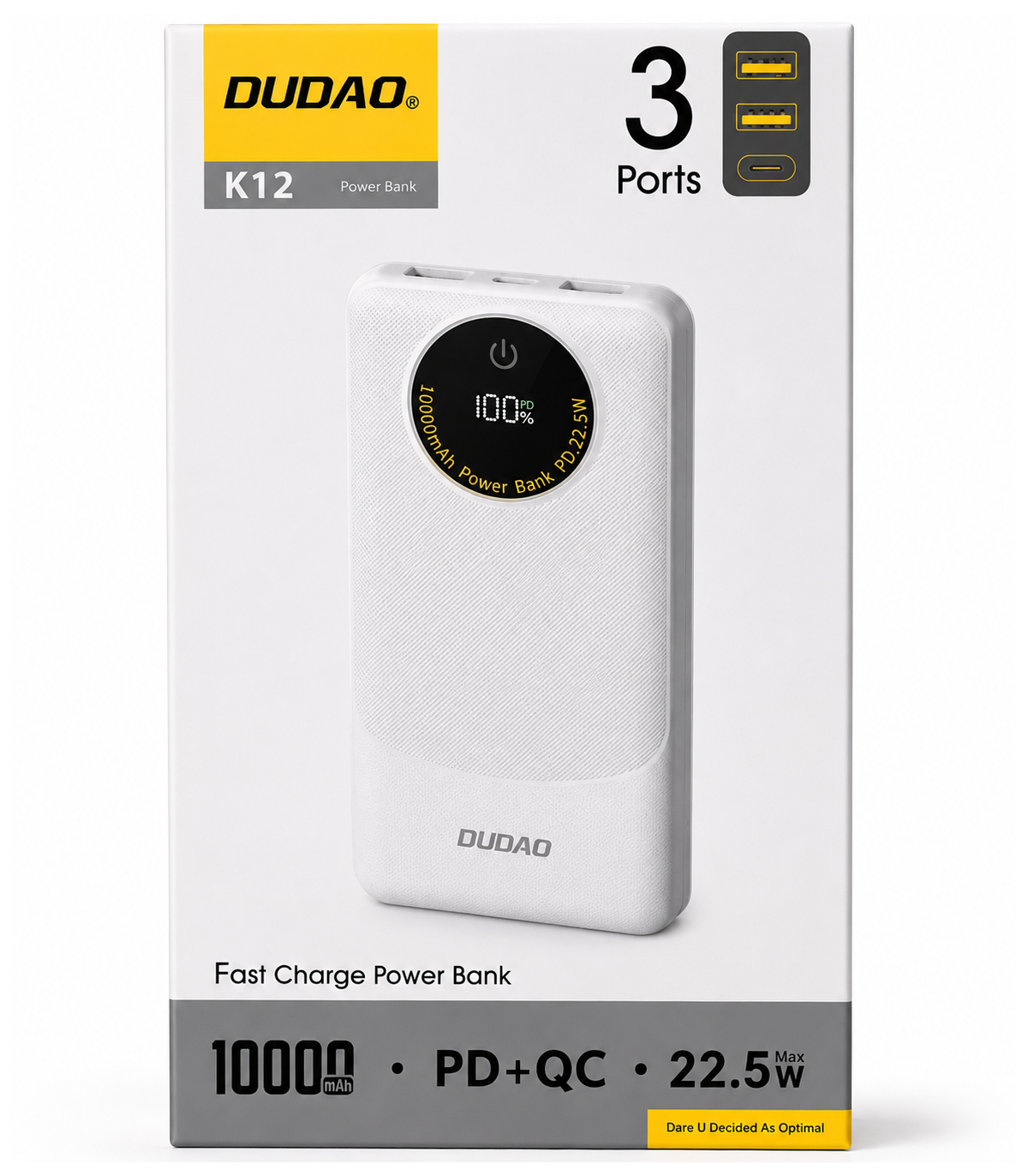 Bateria Externa Dudao K12, 10000mAh, 22.5W, QC + PD, 1 x USB-C - 2 x USB-A, Branca