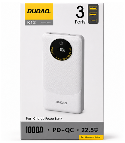 Bateria Externa Dudao K12, 10000mAh, 22.5W, QC + PD, 1 x USB-C - 2 x USB-A, Branca
