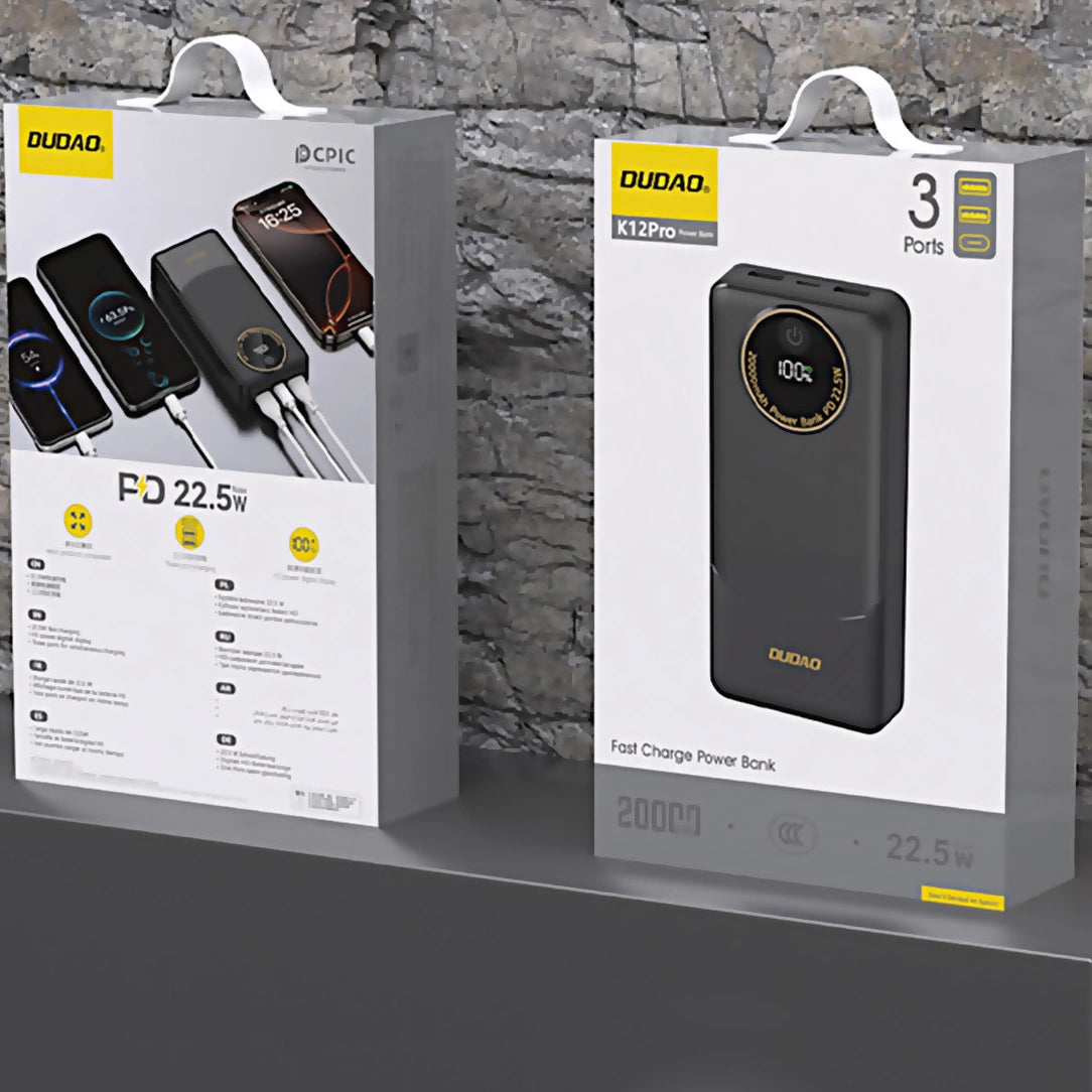 Dudao K12Pro External Battery, 20000mAh, 22.5W, QC + PD, 1 x USB-C - 2 x USB-A, Black