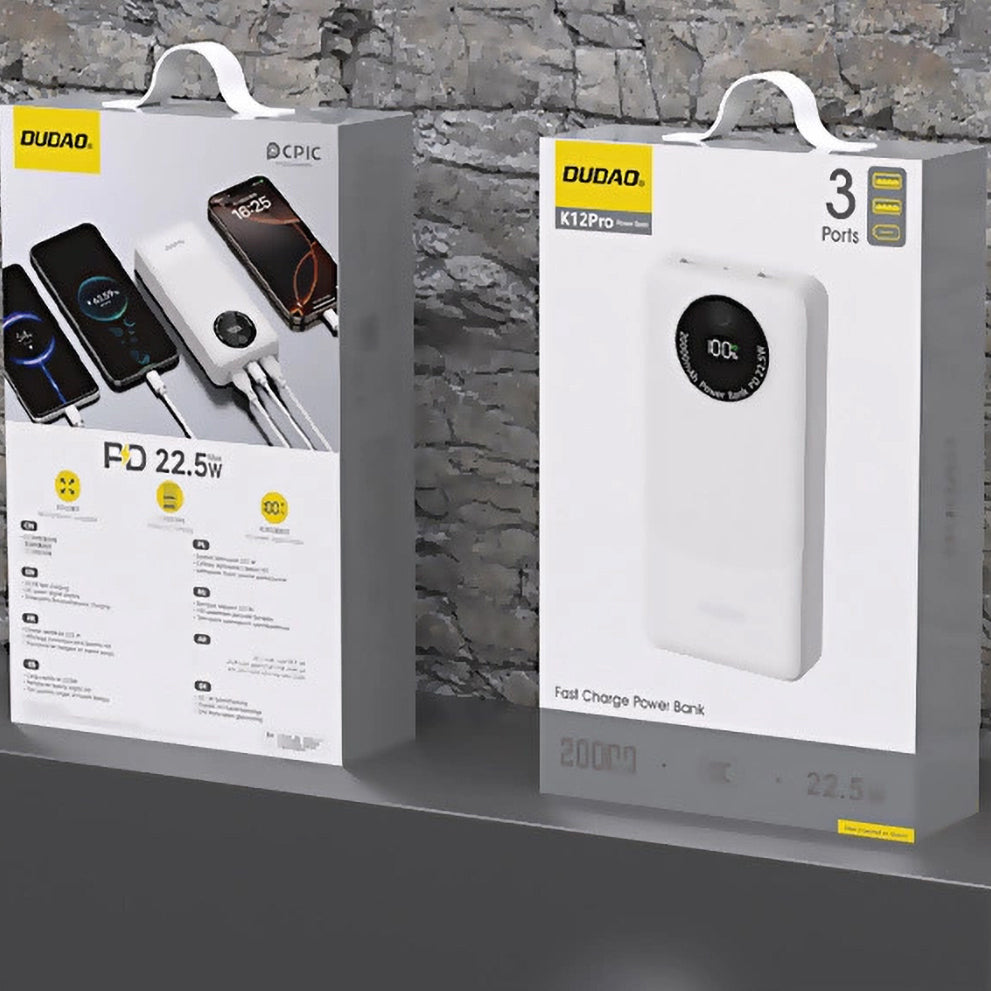 Bateria Externa Dudao K12Pro, 20000mAh, 22.5W, QC + PD, 1 x USB-C - 2 x USB-A, Branca