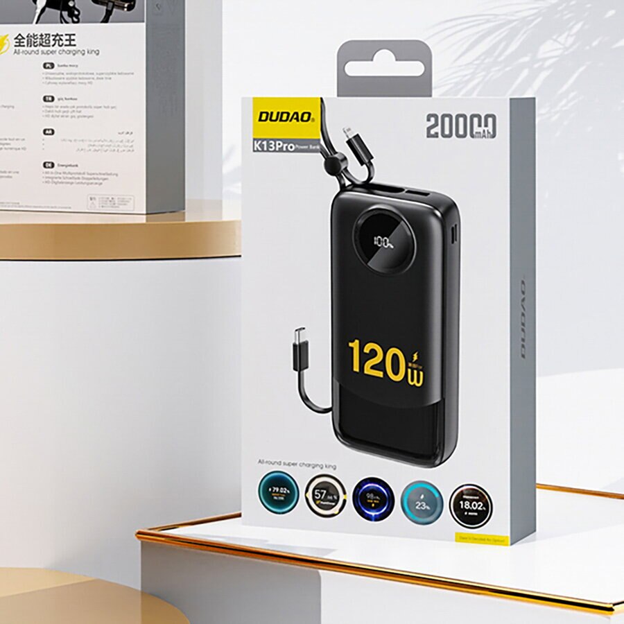 Bateria Externa Dudao K13, 10000mAh, 22.5W, QC + PD, 1 x Lightning - 1 x USB-A - 2 x USB-C, Preta