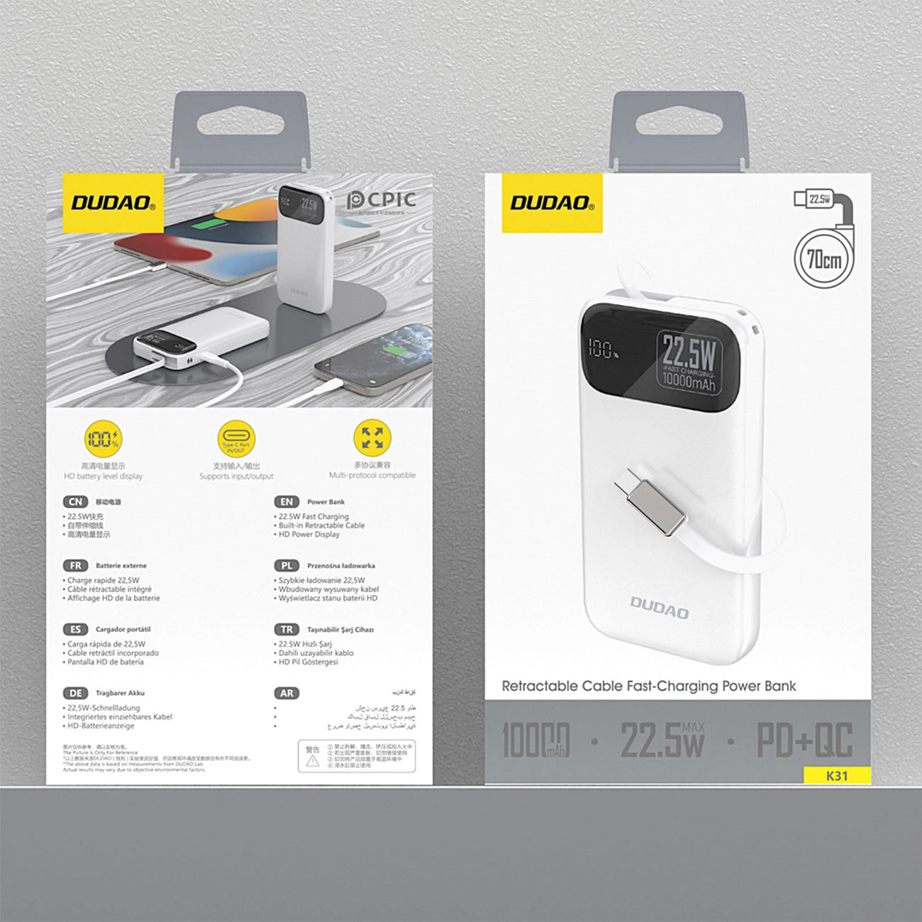 Bateria Externa Dudao K31, 10000mAh, 22.5W, PD, 2 x USB-C, Branca