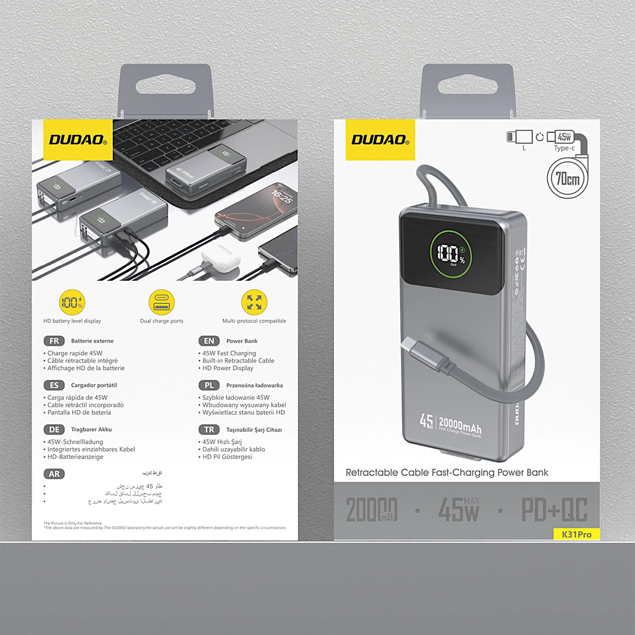 Bateria Externa Dudao K31 Pro, 20000mAh, 45W, QC + PD, 1 x USB-A - 2 x USB-C, Cinzento
