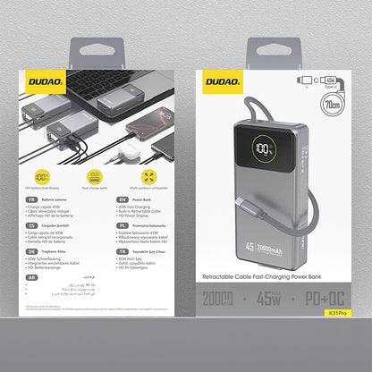 Bateria Externa Dudao K31 Pro, 20000mAh, 45W, QC + PD, 1 x USB-A - 2 x USB-C, Cinzento