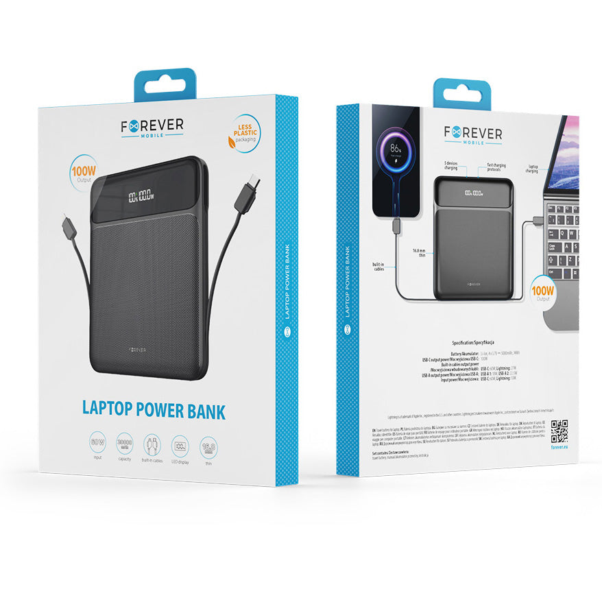 Bateria externa Forever TB-200, 20000mAh, 100W, QC + PD, 1 x Lightning - 2 x USB-C - 2 x USB-A, preto