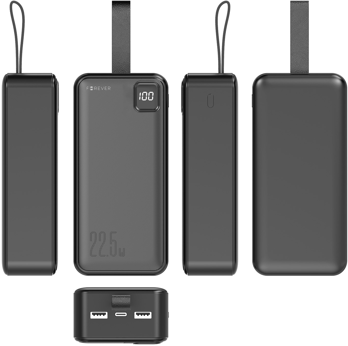 Bateria Externa Forever TB-300XL, 30000 mAh, 22,5 W, QC + PD, 1 x USB-C - 2 x USB-A, Preta