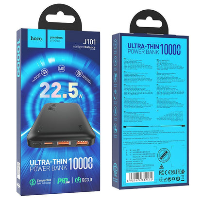 Bateria Externa HOCO J101, 10000mAh, 22.5W, QC + PD, 1 x USB-C - 2 x USB-A, Preta