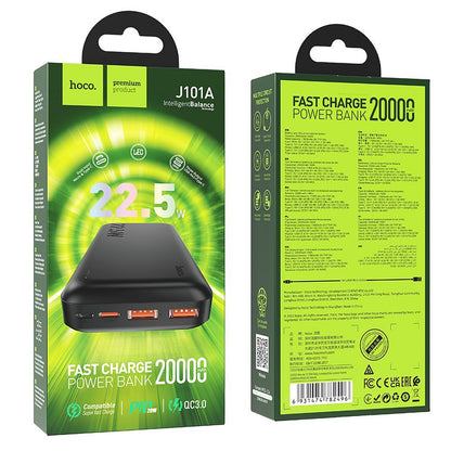Bateria Externa HOCO J101A, 20000mAh, 22.5W, QC + PD, 1 x USB-C - 2 x USB-A, Preta
