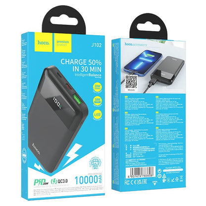 Bateria Externa HOCO J102, 10000mAh, 20W, QC + PD, 1 x USB-A - 1 x USB-C, Preta
