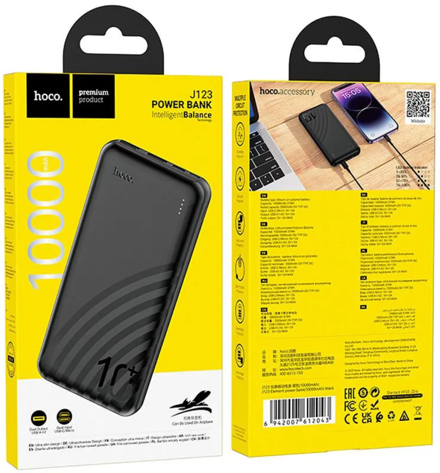 Bateria Externa HOCO J123, 10000mAh, 10W, 2 x USB-A, Preta